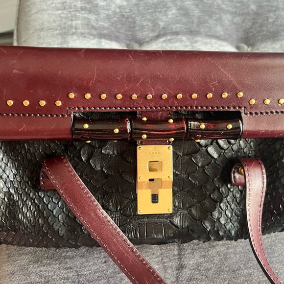 Auth.GUCCI 100% real python skin and burgundy leather shoulder bag,excellent - Picture 2 of 16